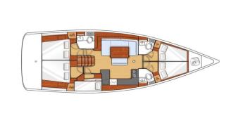 Grundriss der Oceanis 48 (5 Kabinen, 3 Bäder). Grundriss
